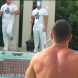 The crew at the Muscle Mafia Mansion pool during a photo shoot